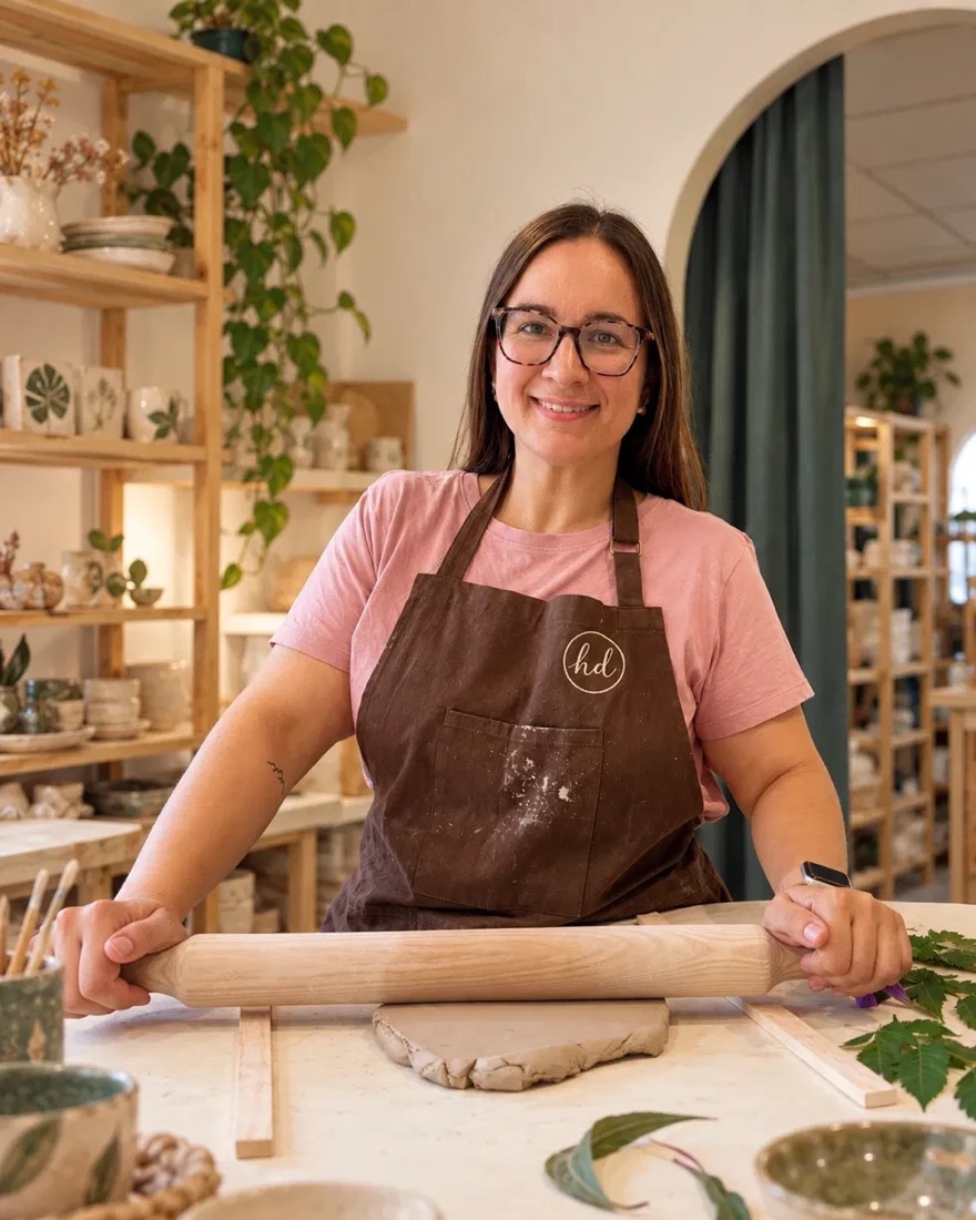 Helena Dobón en su taller, estirando barro con un rodillo junto a unas hojas