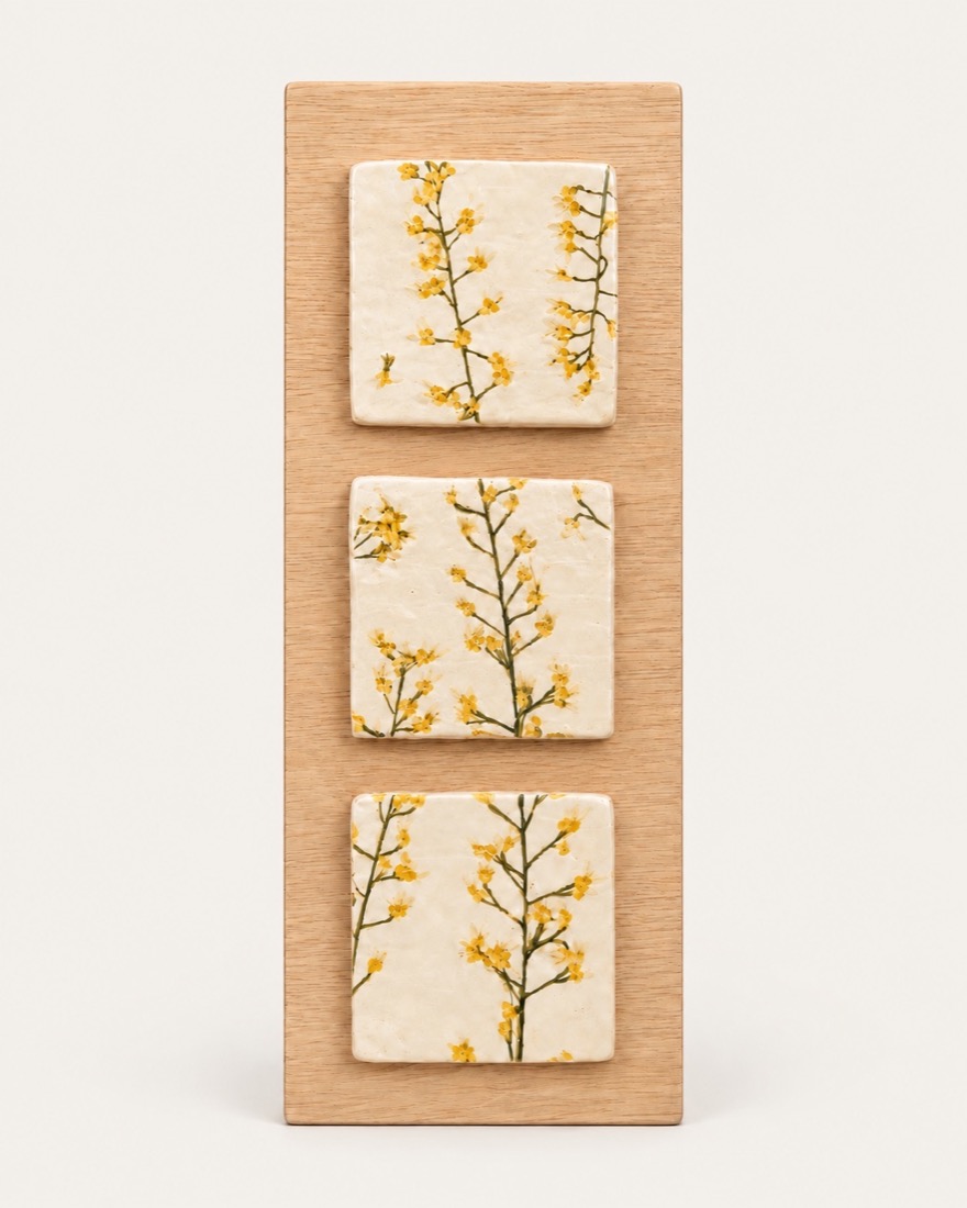 Azulejos con ramas de mimosa amarillas impresas, montados sobre madera de roble